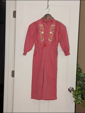 Mini Boden Pink Floral Embroidered Long Sleeve One-Piece Jumpsuit. Sz 6-7 Years.
